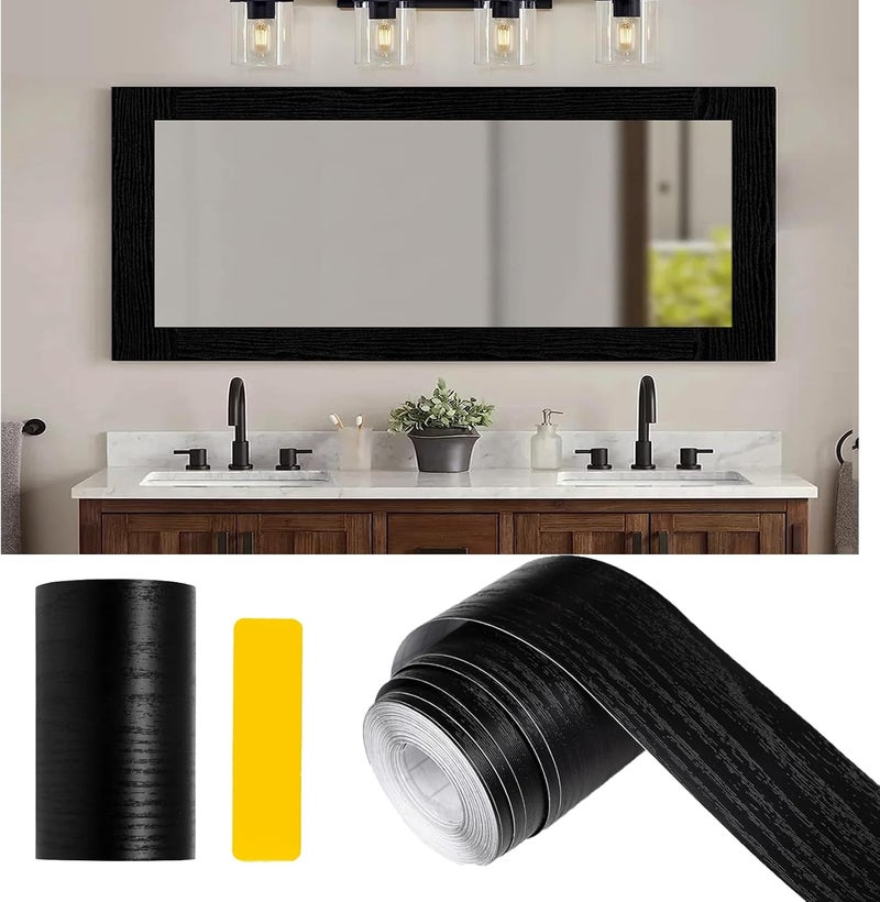 Alened 10M Black Wood Grain Mirror Frame Border Peel and Stick Wallpaper, Removable PVC Waterproof Bathroom Mirror Tape Sticker Trim, Kitchen Wallpaper Self Adhesive Decor Sticker 3.93" x 393" - Image 1